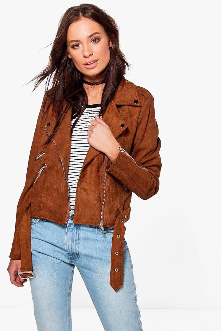 Boohoo Rebecca Suedette Biker Jacket Camel