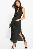 Boohoo Jennie Utility Pocket Wrap Satin Dress Black