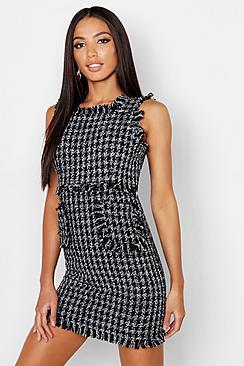 Boohoo Tweed Frayed Edge Mini Pinafore Dress