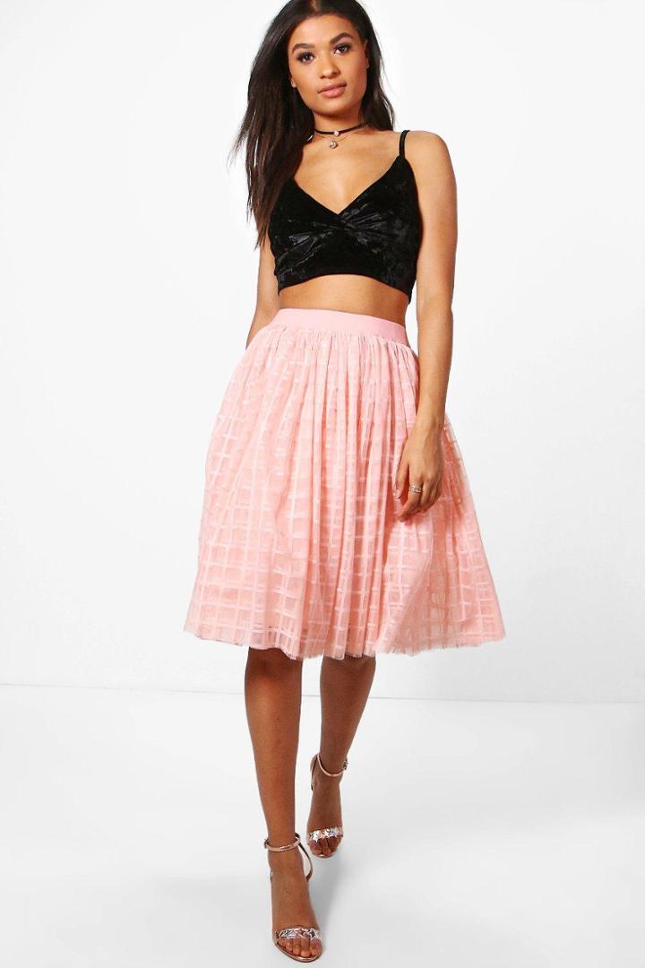 Boohoo Boutique Amala Grid Tulle Full Midi Skirt Blush