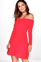 Boohoo Chelsea Off Shoulder Skater Dress Poppy