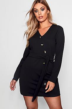 Boohoo Plus Crepe Horn Button Tie Blazer Dress