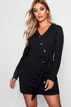 Boohoo Plus Crepe Horn Button Tie Blazer Dress