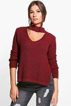 Boohoo Lena Strap Choker V Neck Oversized Jumper Merlot