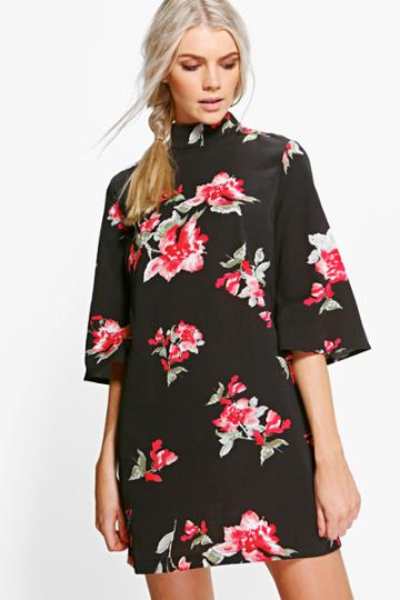 Boohoo Fliss Round Neck Flared Sleeve Shift Dress Black