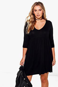Boohoo Plus Kayla Long Sleeve V Neck Smock Dress
