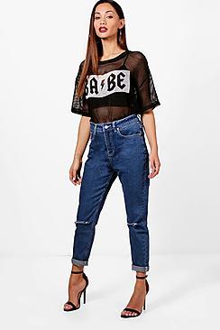Boohoo Petite Jess Rip Knee High Waited Mom Jeans