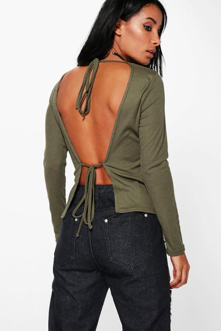 Boohoo Maya Tie Back Long Sleeve Rib Top Khaki