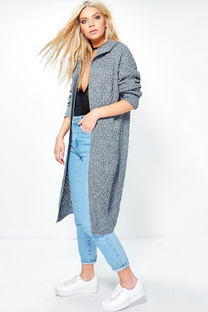 Boohoo Jennifer Hooded Cable Midi Cardigan Black