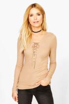 Boohoo Bethany Long Sleeved Ribbed Lace Up T-shirt Camel