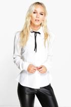 Boohoo Petite Roma Tie Neck Long Sleeve Shirt White