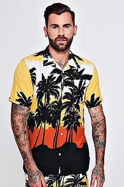 Boohoo Short Sleeve Palm Print Revere Shirt Co-ord