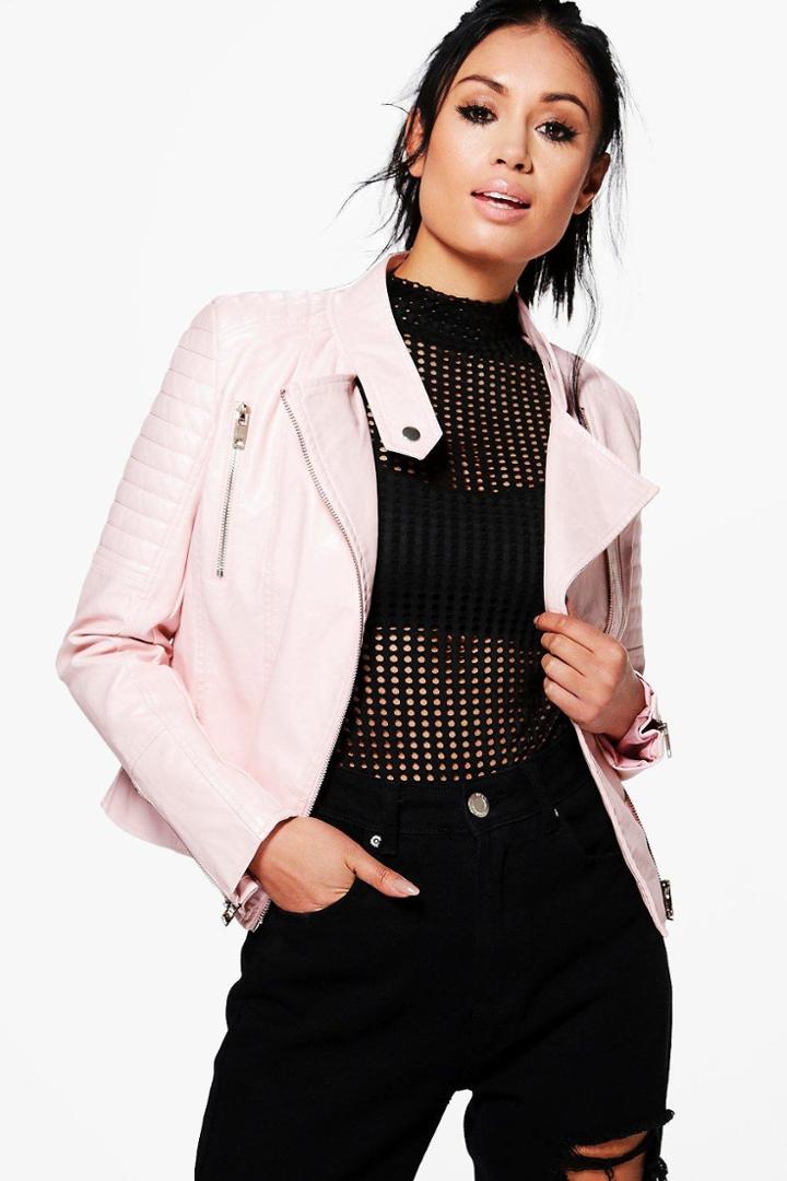 Boohoo Erin Quilted Sleeve Biker Jacket Nude