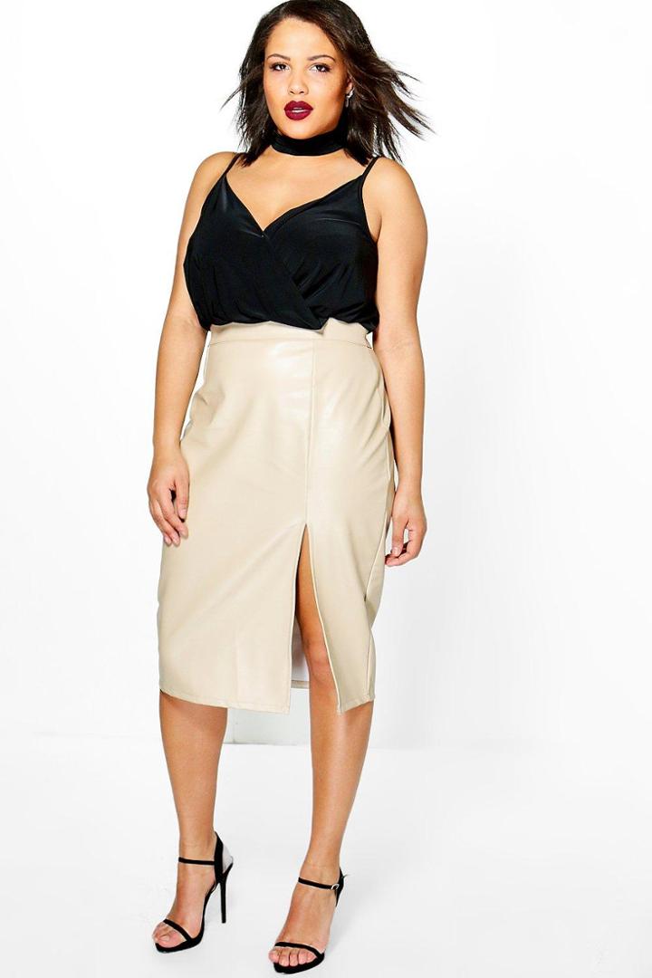 Boohoo Plus Yas Leather Look Midi Skirt Stone