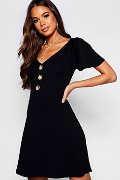 Boohoo Tall Tortoise Shell Button Skater Dress