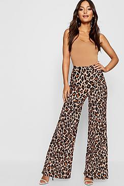 Boohoo Petite Leopard Print Wide Leg Trousers
