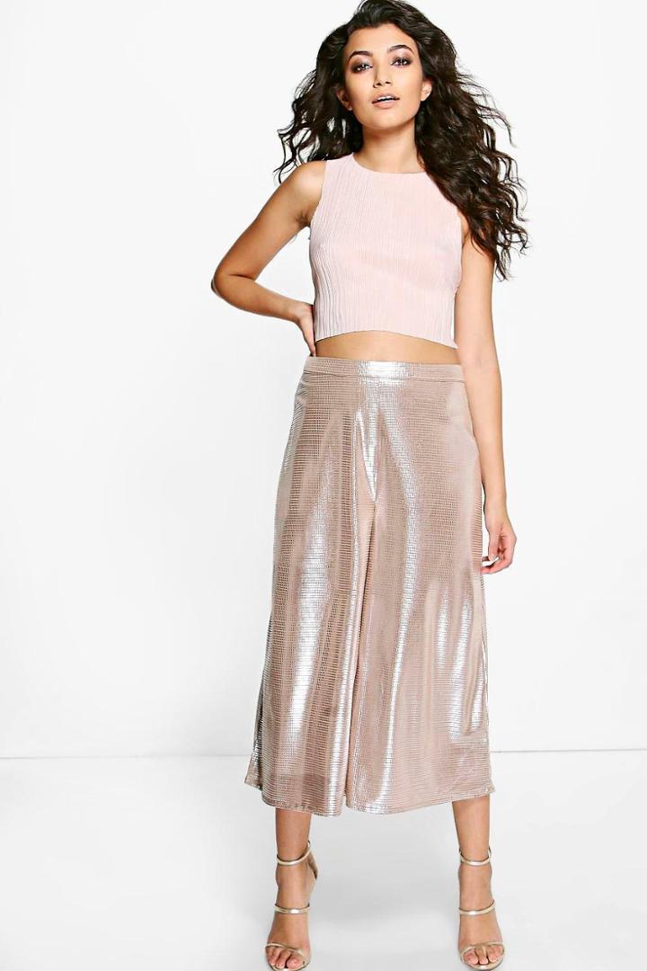 Boohoo Lola Wide Leg Metallic Culottes Silver