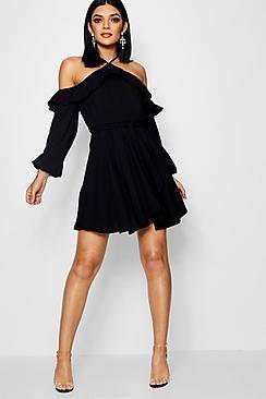 Boohoo Ruby Wrap Front Ruffle Shoulder Skater Dress