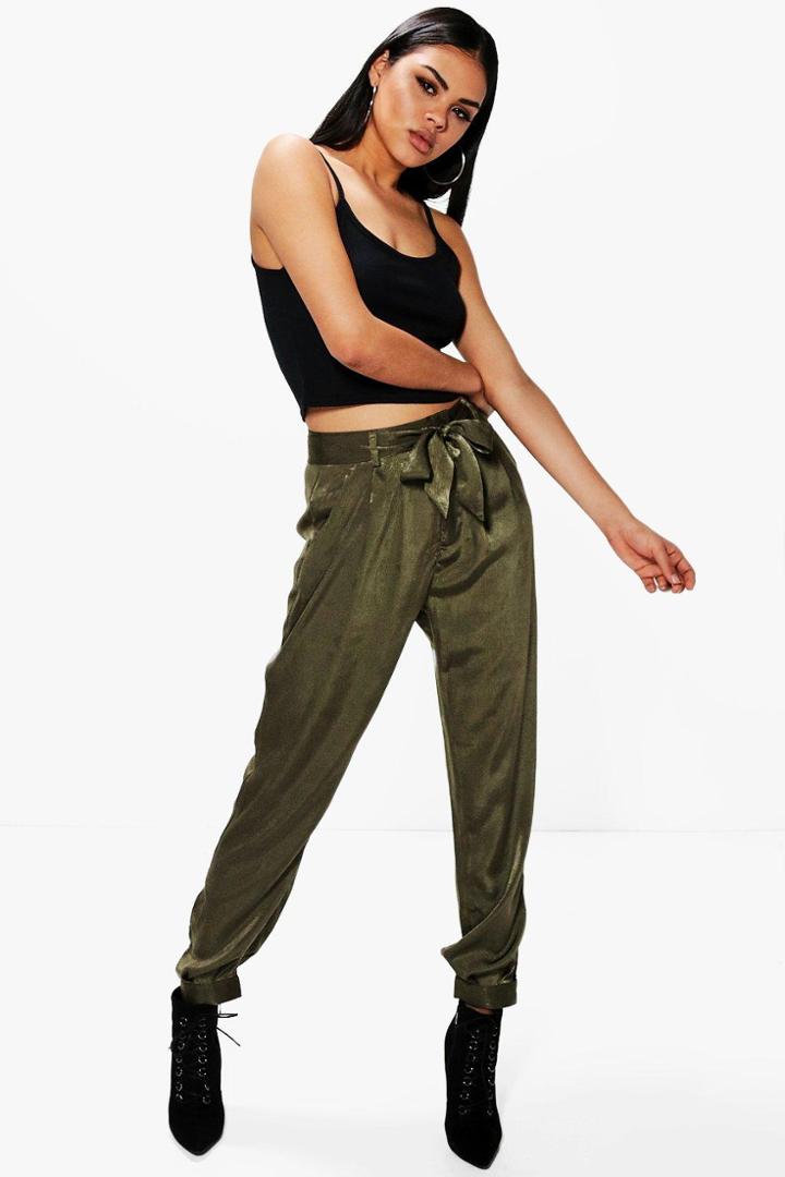 Boohoo Adalie Tie Waist Luxe Hareem Trousers Khaki