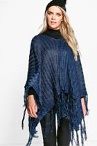 Boohoo Eliza Knitted Tassel Poncho Blue