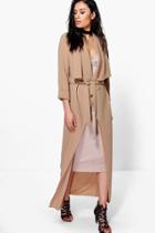 Boohoo Tia Waterfall Woven Belted Duster Camel