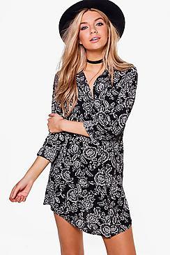 Boohoo Kassie Monochrome Floral Shirt Dress