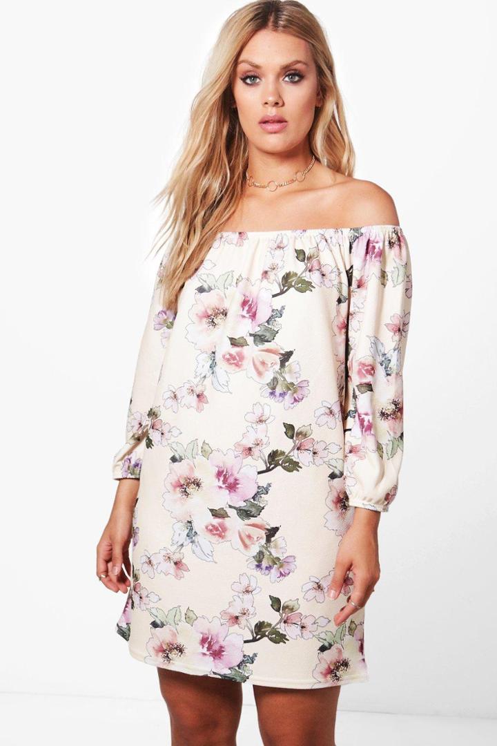 Boohoo Plus Annie Off The Shoulder Printed Shift Multi