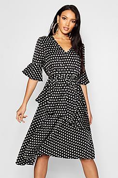 Boohoo Sahara Asymmetric Polka Dot Midi Dress