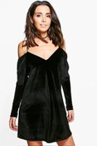 Boohoo Quinn Velvet Cold Shoulder Shift Dress Black