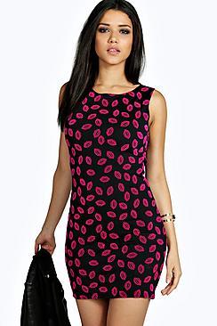 Boohoo Eliza Lip Print Sleeveless Mini Dress
