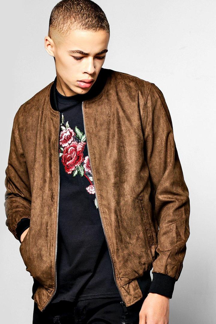 Boohoo Mocha Faux Suede Zip Through Bomber Jacket Mocha