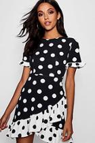 Boohoo Asymmetric Ruffle Mixed Spot Shift Dress