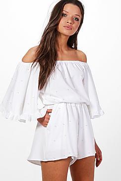 Boohoo Tasmin Off The Shoulder Pearl Embellished Playsuit