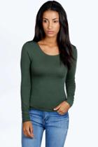 Boohoo Nancy Round Neck Long Sleeve Top Khaki