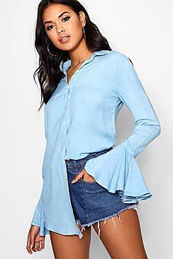 Boohoo Julie Frill Tie Sleeve Chambray Shirt