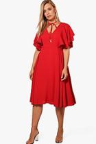 Boohoo Plus Robyn Ruffle Angel Sleeve Tie Midi Skater