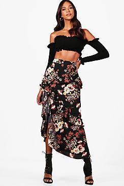 Boohoo Abigail Woven Ruffle Floral Split Midaxi Skirt