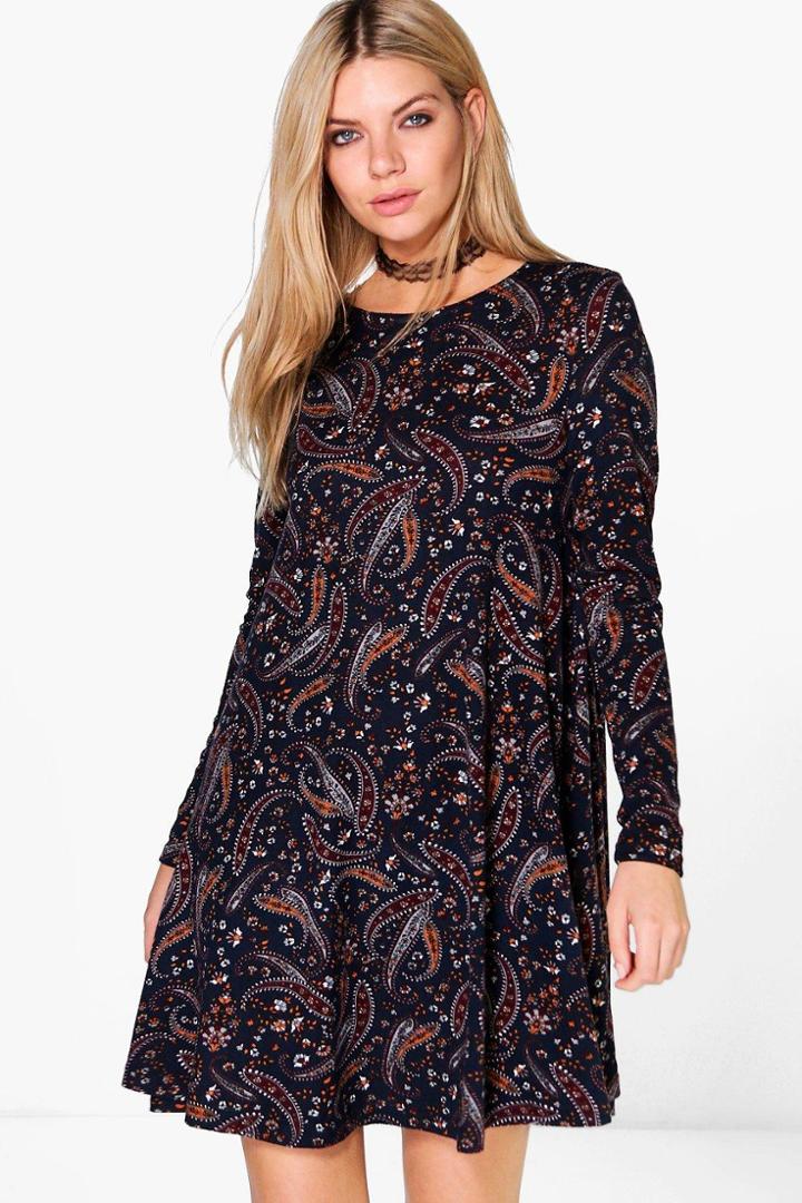 Boohoo Kate Paisley Brushed Knit Swing Dress Navy