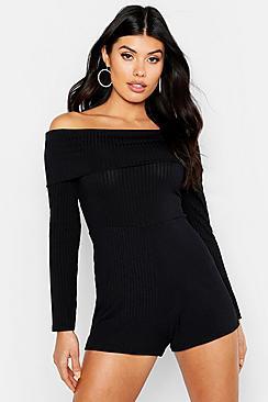 Boohoo Jumbo Rib Bardot Playsuit