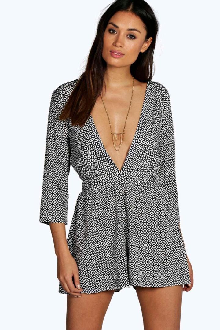 Boohoo Nora Geo Print Deep Plunge 3/4 Sleeve Playsuit Multi