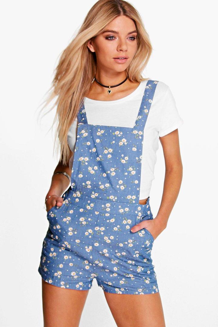 Boohoo May Floral Print Denim Playsuit Blue