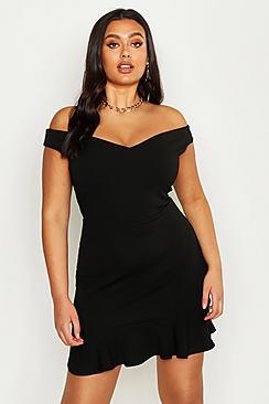 Boohoo Plus Bardot V Neck Frill Hem Mini Dress