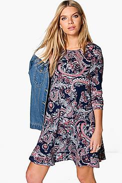 Boohoo Dolly Paisley Brushed Knit Swing Dress