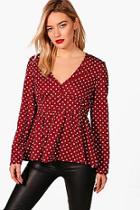 Boohoo Kelly Spotty Plunge Button Blouse