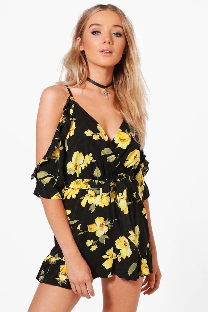 Boohoo Sophia Floral Open Shoulder Ruffle Playsuit Black