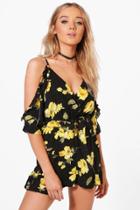 Boohoo Sophia Floral Open Shoulder Ruffle Playsuit Black