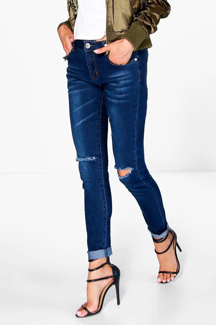 Boohoo Kirsty Indigo Wash Mid Rise Knee Slit Skinny Jeans Indigo