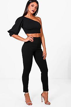 Boohoo One Shoulder Crop & Skinny Trouser Set