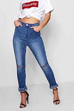 Boohoo Petite Luci Distressed Hem Mid Wash Skinny Jean