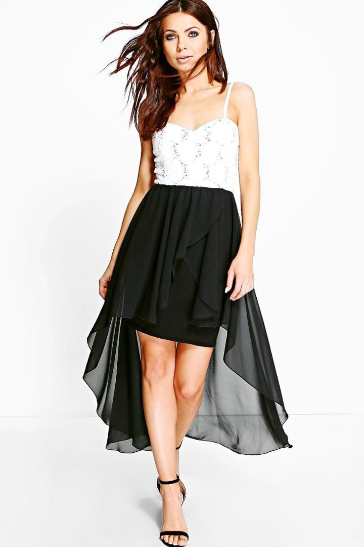 Boohoo Jay Lace Sequin Chiffon Dip Hem Skater Dress Ivory